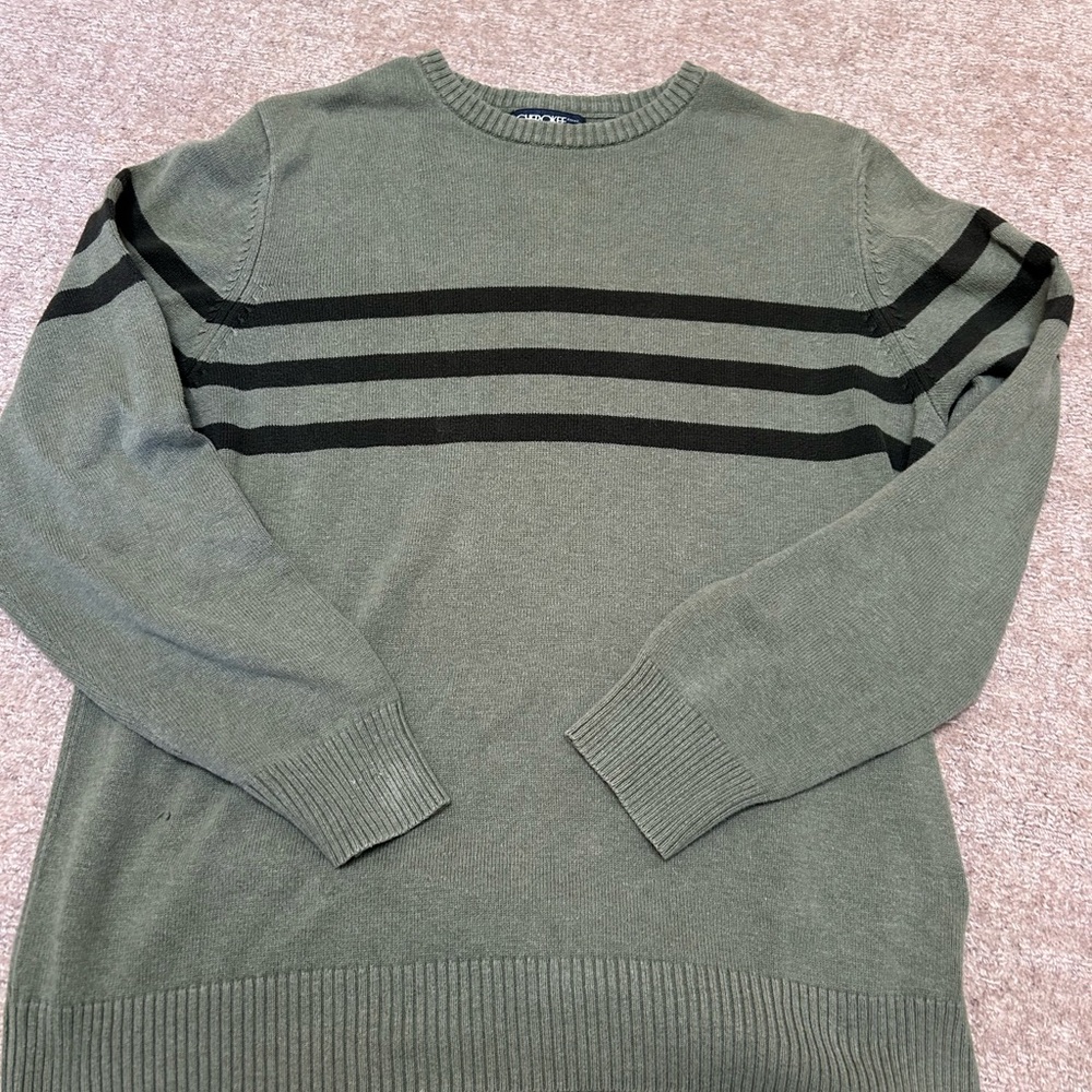 Cherokee Olive and Black Striped Crewneck Sweater